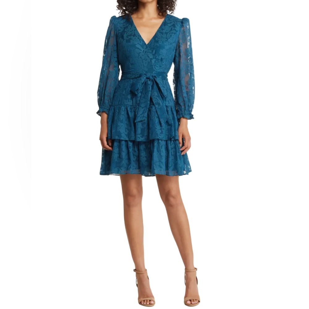 Eliza J Long Sleeve Tiered Faux Wrap Dress Teal Blue Green NWT Size 6